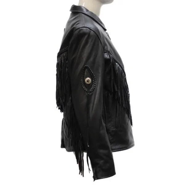 Side view of Women Black Fringe Western Leather Jacket showing sleeve fringe and silver concho medallion