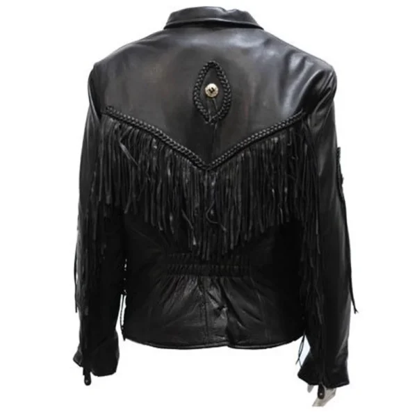 Back view of Women Black Fringe Western Leather Jacket with silver back concho and deep V fringe yoke