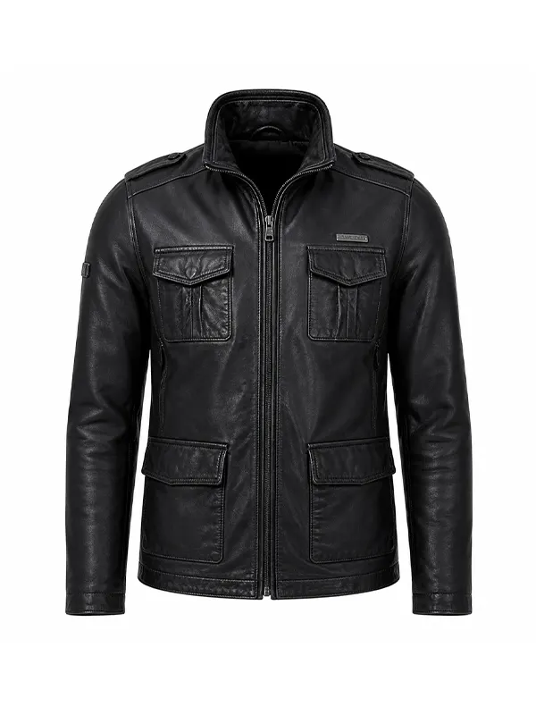 Studio front view of Men Black Military Leather Safari Field Jacket with four flap pockets