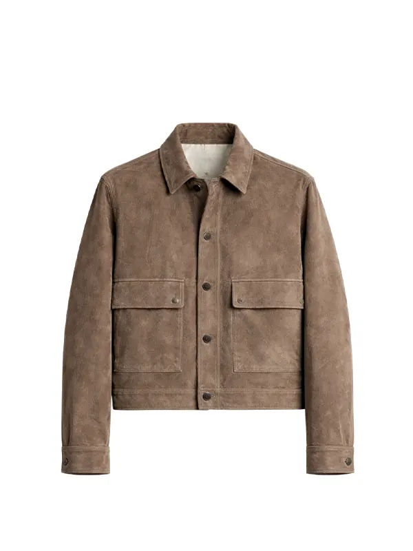 men's taupe suede jacket front view point collar