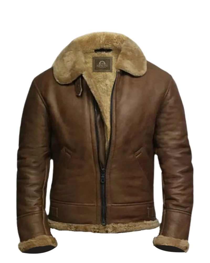 Studio front view of Mens Classic Brown B3 Shearling Leather Aviator Jacket cut out on white background