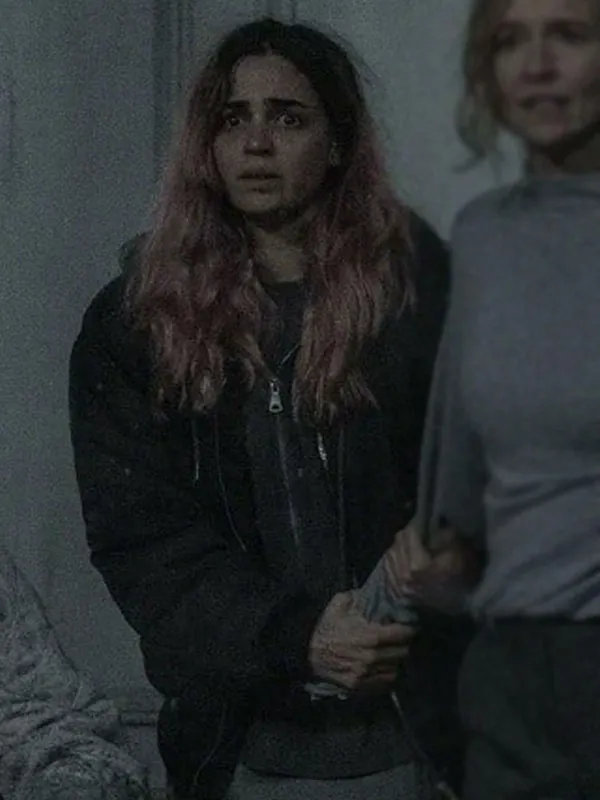 Souheila Yacoub wearing Evil Dead Burn Hooded Jacket in movie scene. Evil Dead Burn Movie Souheila Yacoub Hooded Jacket