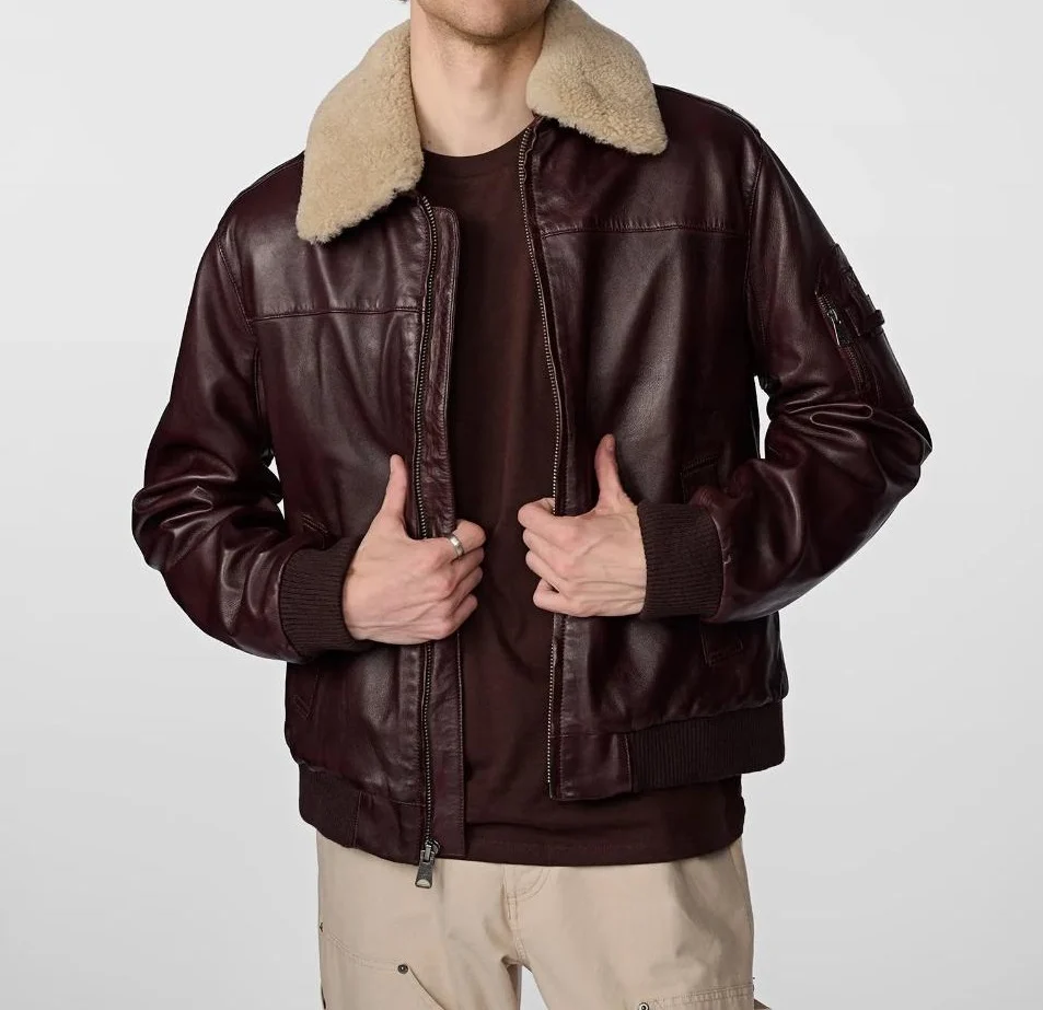 Model wearing Mens Burgundy Leather Beige Shearling Bomber Jacket