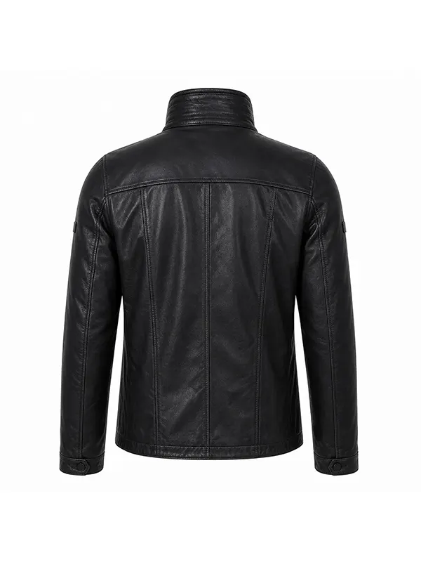 Back view of Men Black Military Leather Safari Field Jacket showing vertical panel stitching