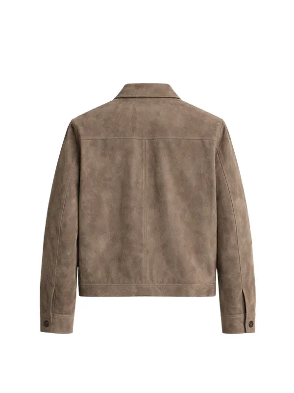men's taupe suede jacket back view clean silhouette