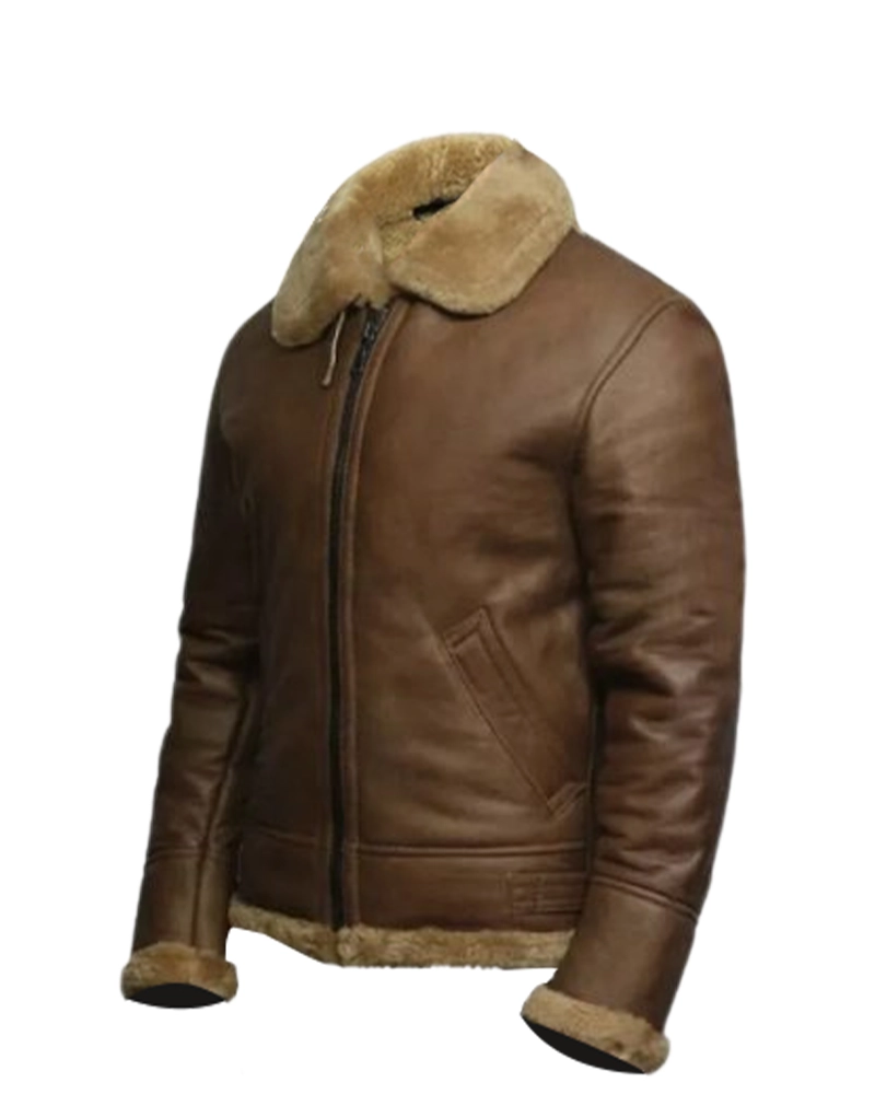 Studio three-quarter side view of Mens Classic Brown B3 Shearling Leather Aviator Jacket