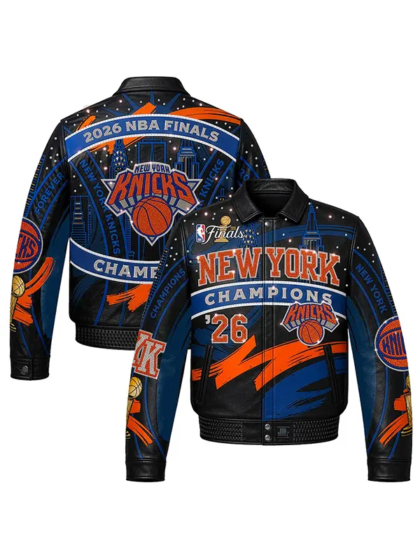 Front and back view of New York Knicks 2026 NBA Finals Champions Leather Jacket displaying graphics