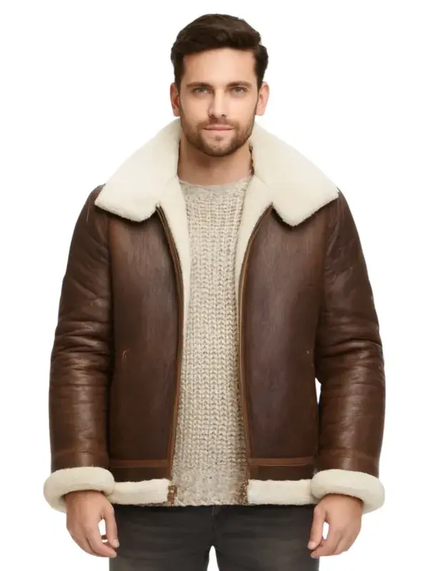 Front view of model wearing Mens Brown Leather Off White Shearling B3 Bomber Jacket