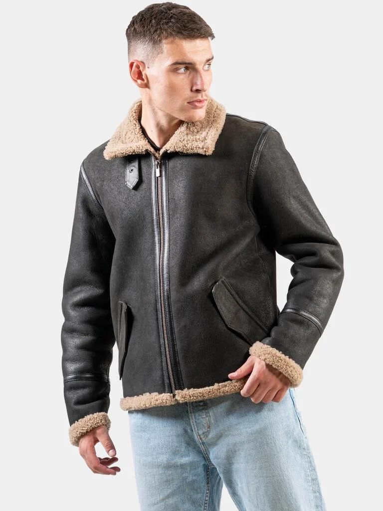 Model wearing Mens Dark Brown Leather Beige Shearling Aviator Jacket