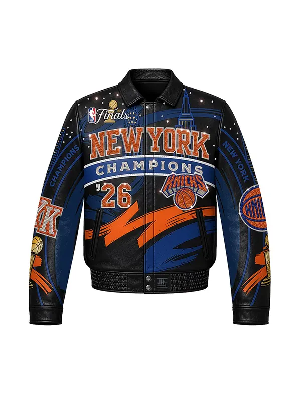 Studio front view of New York Knicks 2026 NBA Finals Champions Leather Jacket with NBA Finals patch