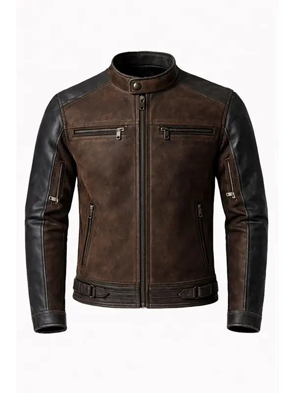 Studio front view of Karl Urban Johnny Cage Stylish Brown Leather Jacket