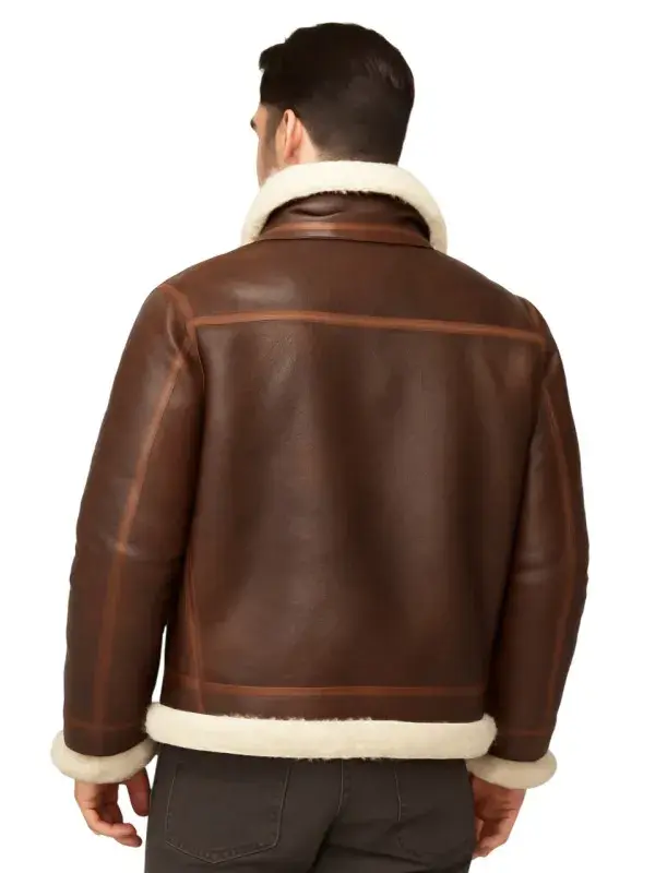 Rear view of model wearing Mens Brown Leather Off White Shearling B3 Bomber Jacket