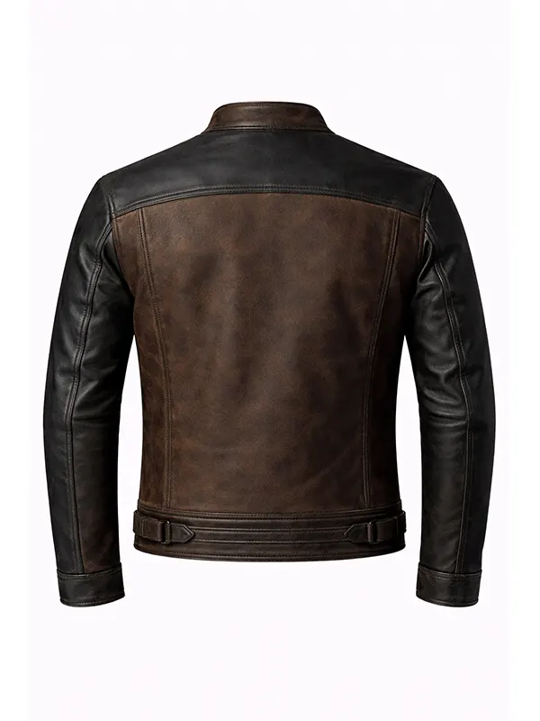 Studio back view of Karl Urban Johnny Cage Stylish Brown Leather Jacket showing back yoke