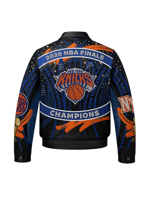 Studio back view of New York Knicks 2026 NBA Finals Champions Leather Jacket with NYC skyline design
