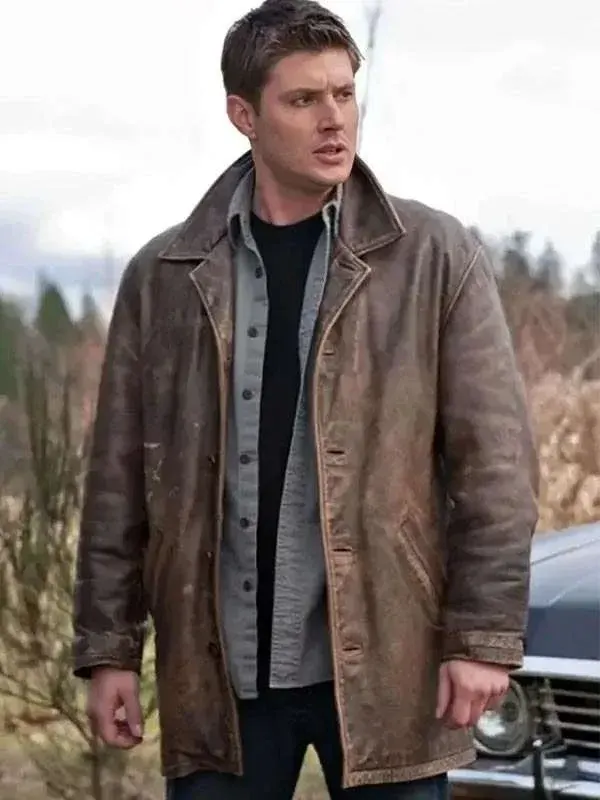 Jensen Ackles as Dean Winchester wearing the iconic distressed brown leather coat in Supernatural