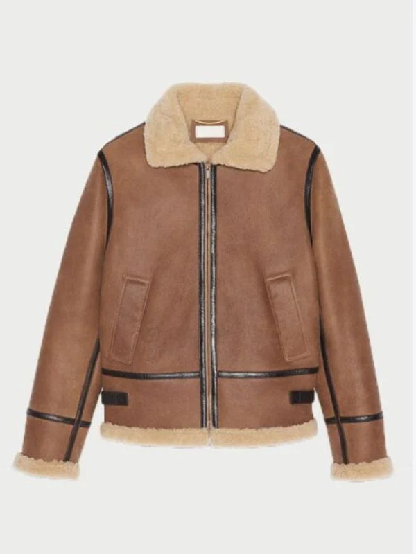 Studio front view of Mens Tan Suede Black Trim Shearling B3 Jacket cut out on white background