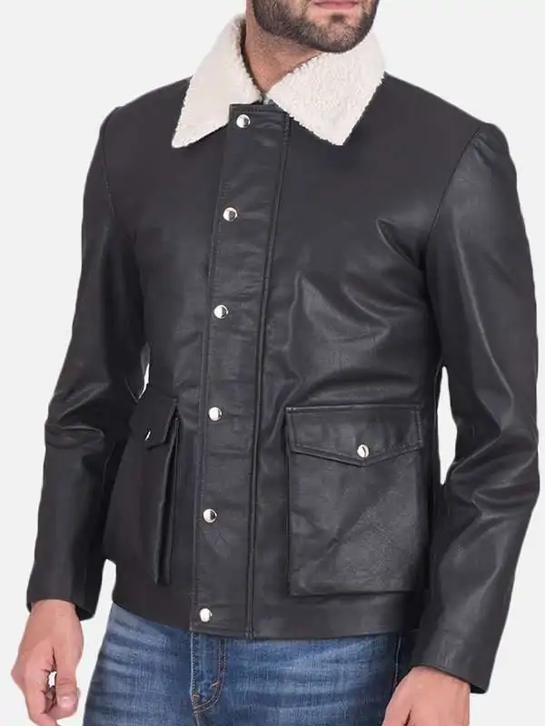 Model wearing Mens Dark Brown Leather White Shearling Collar Cargo Jacket