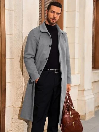Men's Single Breasted Long Wool Blend Trench Coat - Light Grey