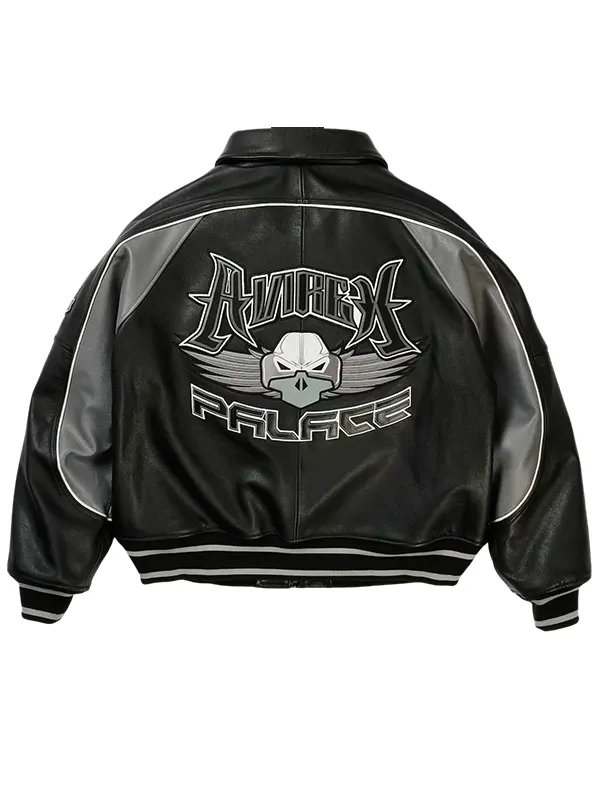 Studio back view of Palace Avirex Black Leather Varsity Jacket with winged helmet graphic logo