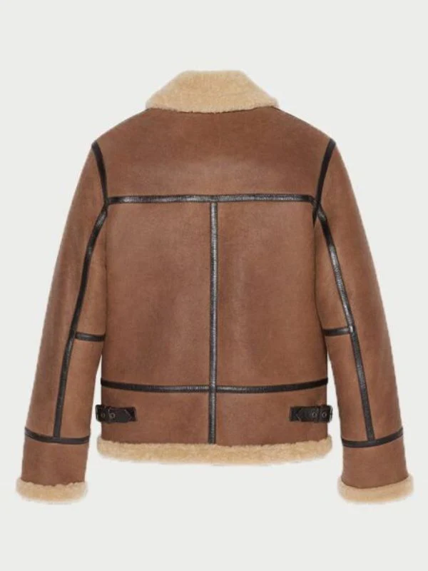 Studio back view of Mens Tan Suede Black Trim Shearling B3 Jacket