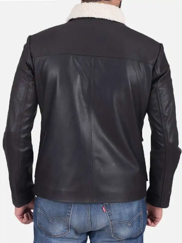 Model back view of Mens Dark Brown Leather White Shearling Collar Cargo Jacket