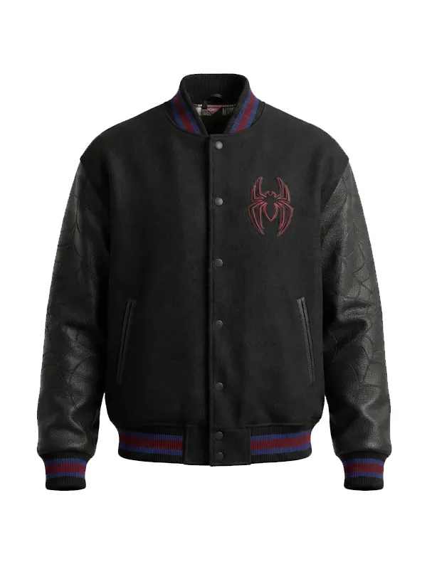 Studio front view of Miles Morales Spider-Man Black Wool & Leather Varsity Jacket with red spider logo