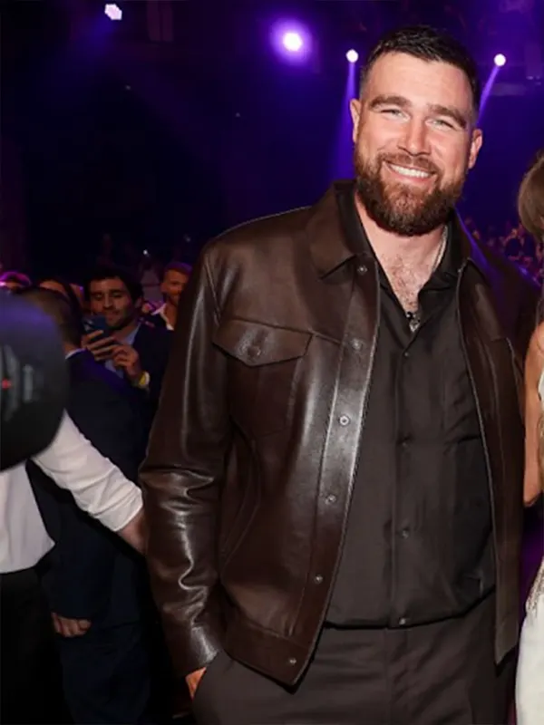 Travis Kelce Premium Dark Brown Leather Trucker Jacket
