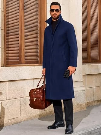 Men's Single Breasted Long Wool Blend Trench Coat - Navy Blue