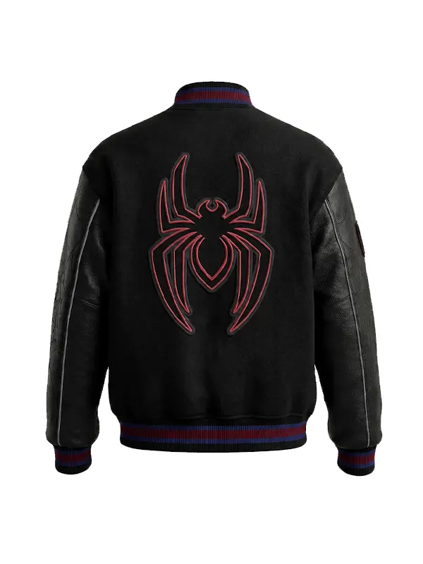 Studio back view of Miles Morales Spider-Man Black Wool & Leather Varsity Jacket showing large spider emblem