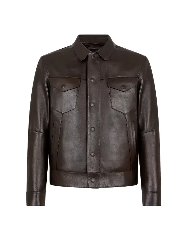 Studio front view of Travis Kelce Premium Dark Brown Leather Trucker Jacket