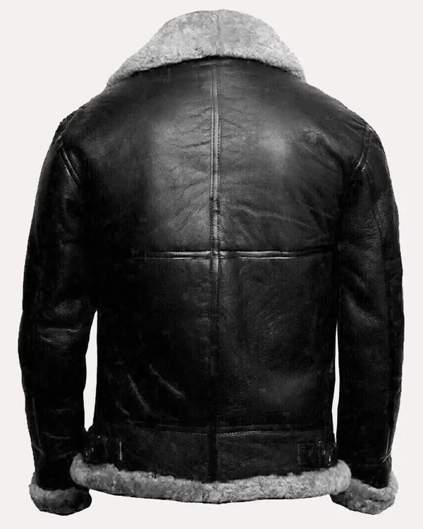 Studio back view of Mens Black Leather Grey Shearling B3 Aviator Jacket