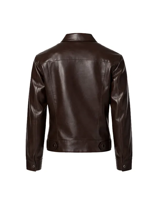 Studio back view of Travis Kelce Premium Dark Brown Leather Trucker Jacket showing waist tabs
