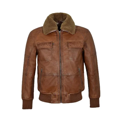 Studio cutout front view of Mens Tan Brown Leather Olive Shearling Bomber Jacket
