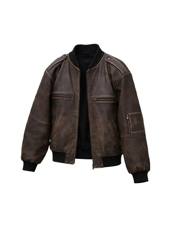 Studio front view of Mens Classic Distressed Brown Leather Bomber Jacket open over dark shirt