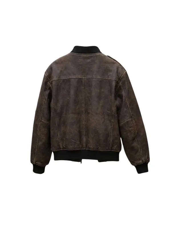 Studio back view of Mens Classic Distressed Brown Leather Bomber Jacket showing back yoke
