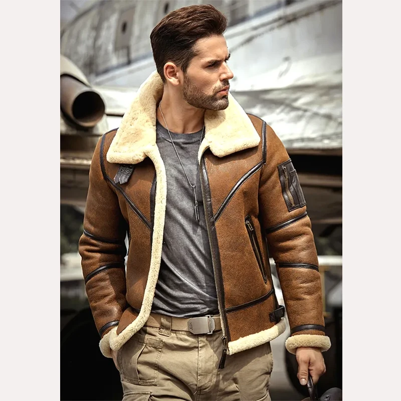 Model wearing Mens Cognac Brown Leather Cream Shearling B3 Jacket unzipped