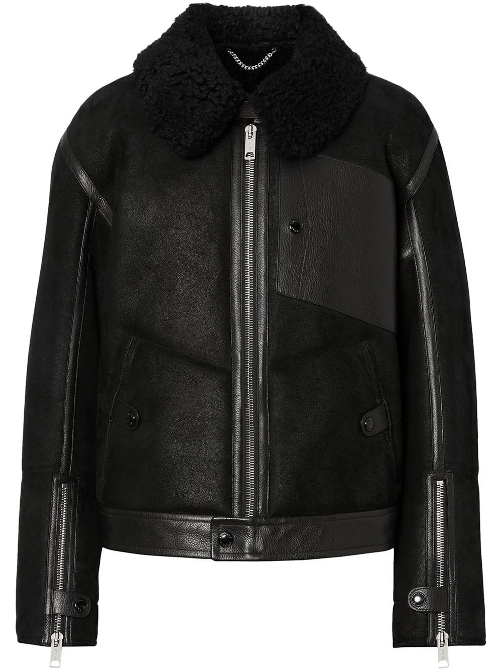 Studio cutout front view of Mens Black Suede Shearling Aviator Jacket Leather Trim