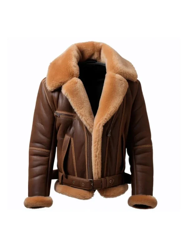 Studio front view of Mens Brown Leather Tan Shearling Belted Aviator Jacket on white background