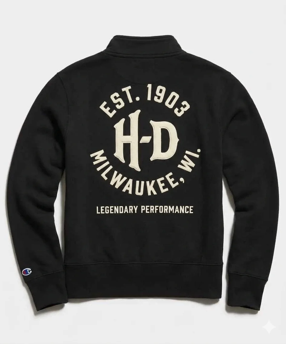 Studio back view of Mens Harley Davidson Quarter Zip Fleece Sweatshirt