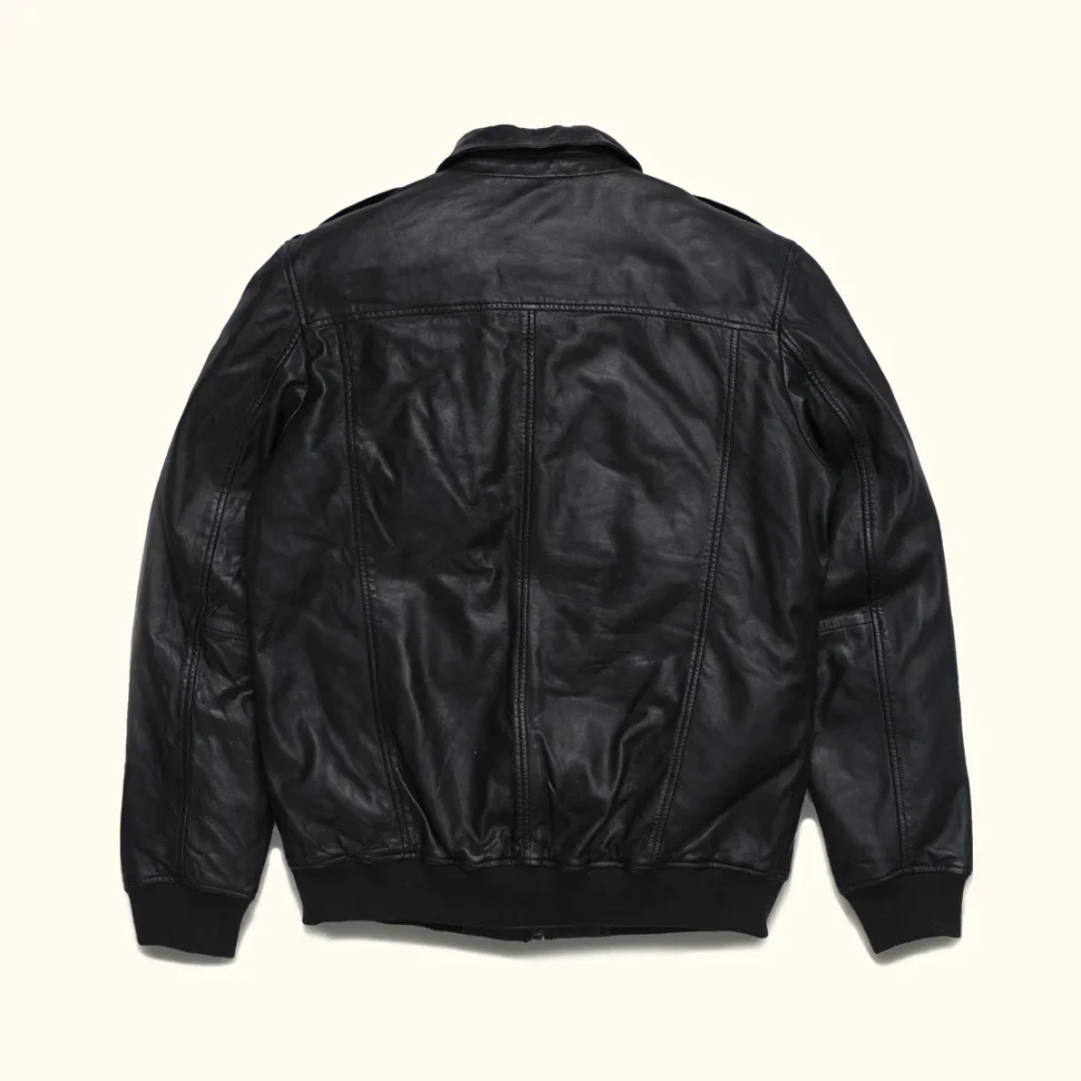 Studio cutout back view of Mens Black Leather Off White Shearling Collar Bomber Jacket