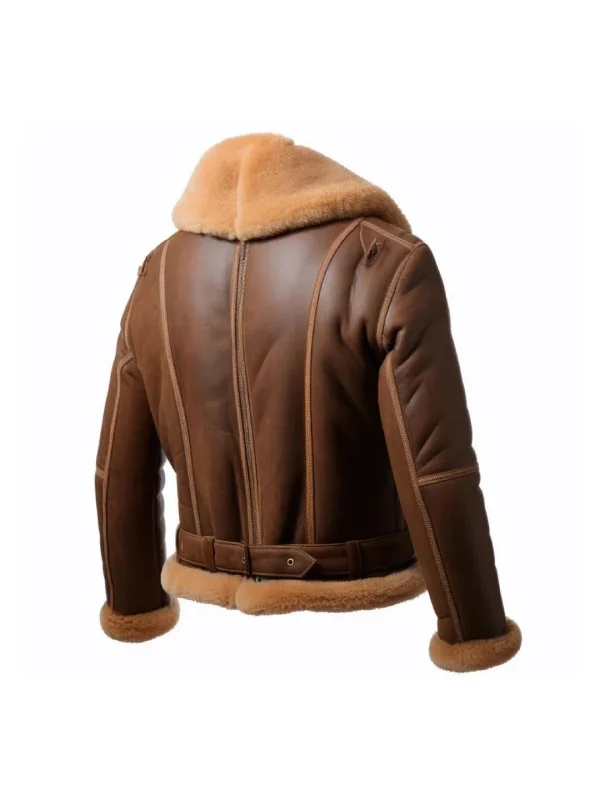 Studio back view of Mens Brown Leather Tan Shearling Belted Aviator Jacket