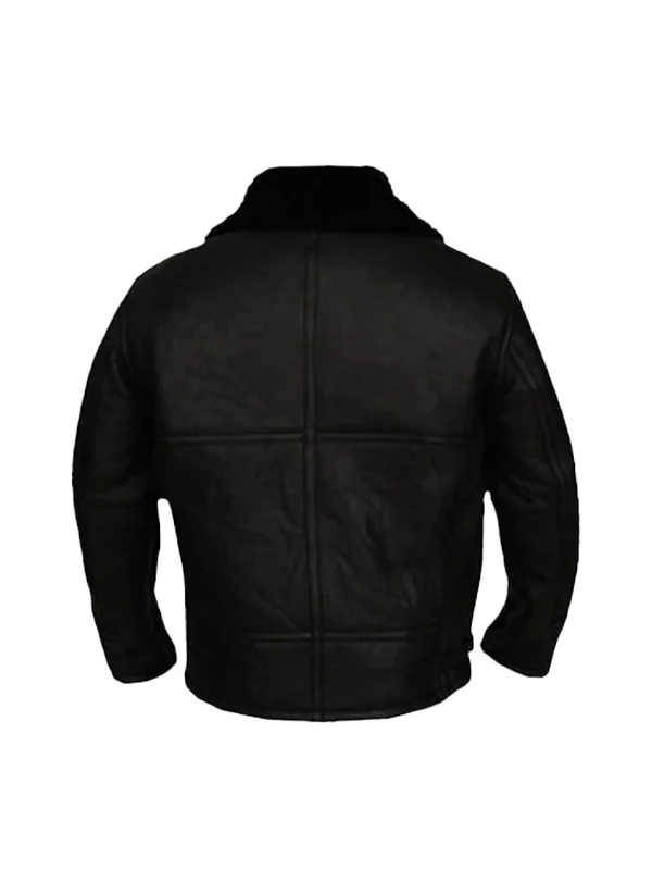 Studio back view of Mens All Black Leather Shearling B3 Aviator Jacket