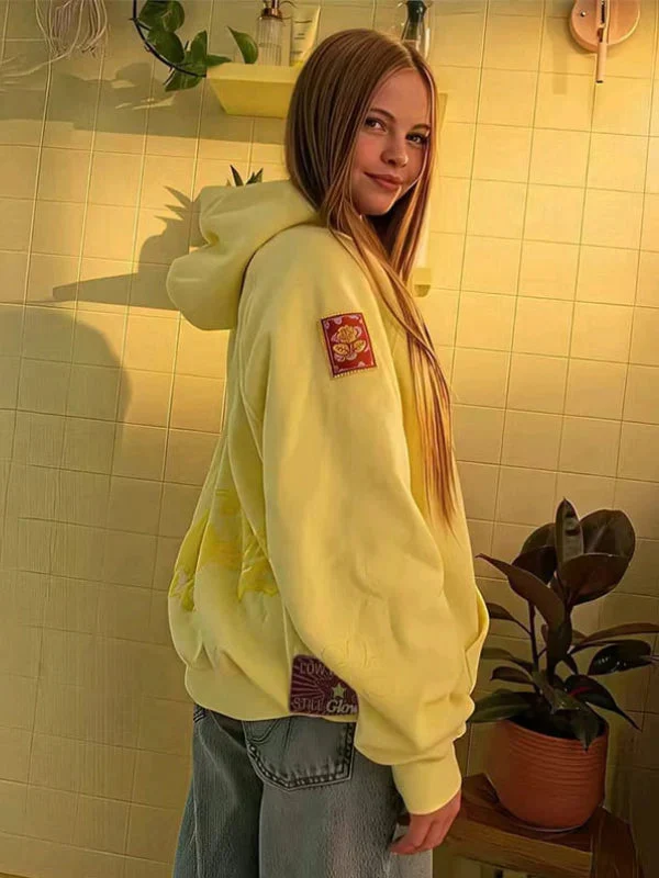 Studio side view of Womens Pastel Yellow Sincerely Yours Oversized Fleece Hoodie