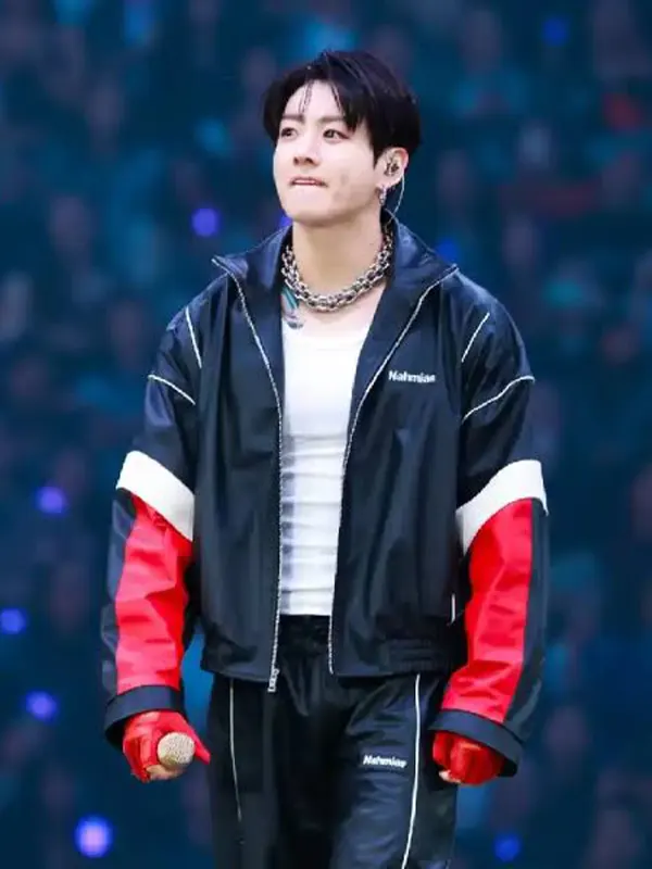 Jungkook BTS Black Leather Track Jacket