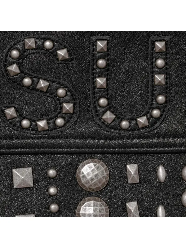 Multi Stud Black Leather Biker Jacket close-up of leather grain and rivet hardware