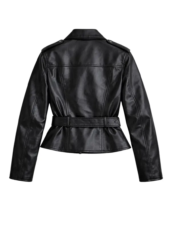 Womens Belted Black Leather Biker Jacket back view showing cinched waist and peplum hem