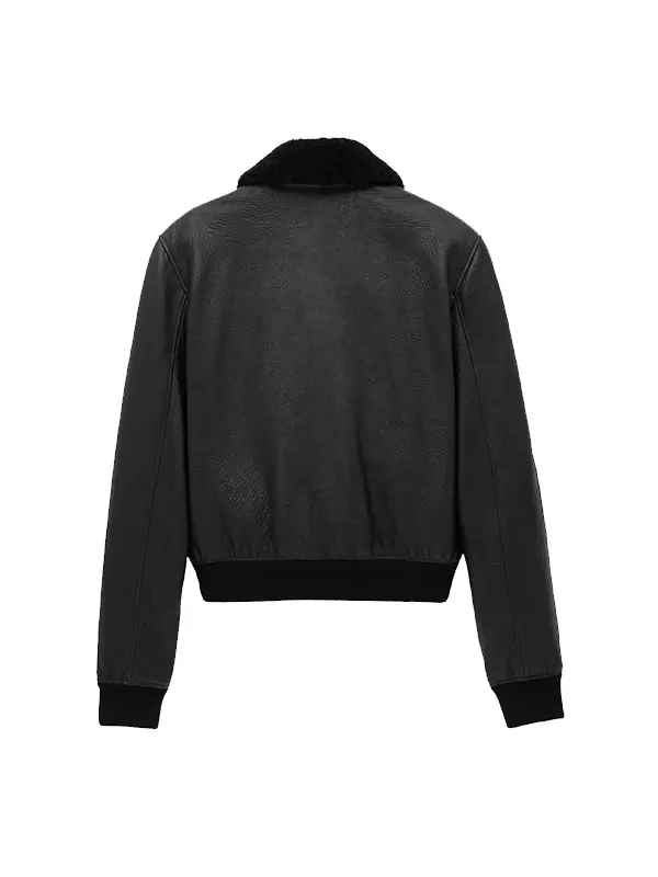 John Legend Black Shearling Leather Jacket back panel view showing leather drape and rib hem