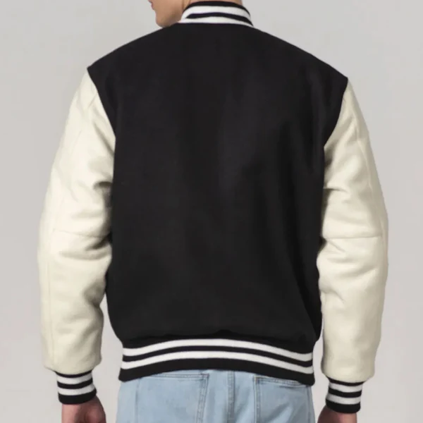 Classic Black and White Wool Varsity Jacket with Genuine Leather Sleeves - Image 2