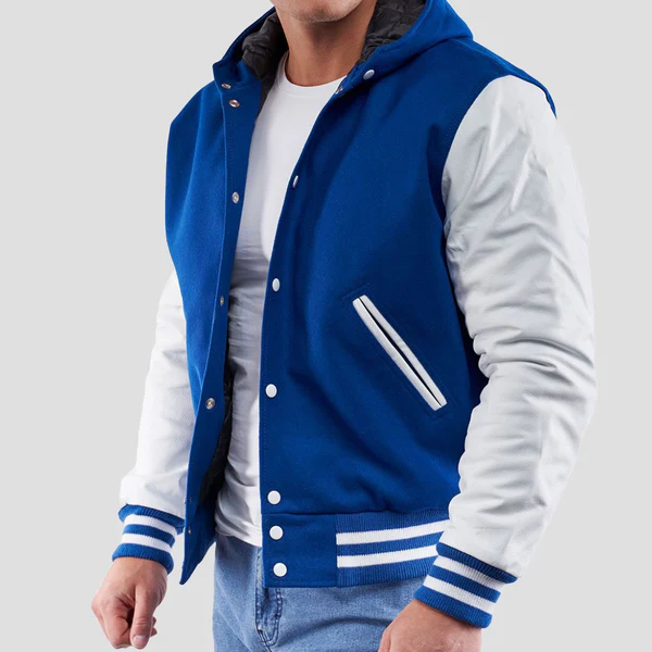 Royal Blue and White Hooded Wool Varsity Letterman Jacket - Image 2