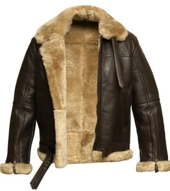 Studio open front view showing cream shearling lining of Mens Dark Brown Leather Belted B3 Jacket